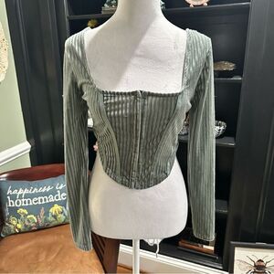 Haute Monde Green Velvet Long Sleeve Corset Cropped Top Size Small